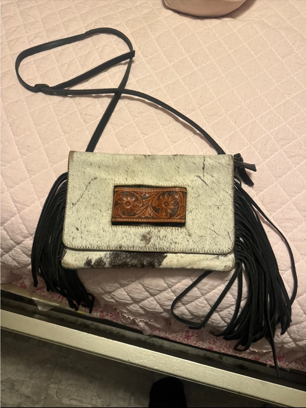 Fringe Crossbody Bag with Haircalf and Tooled Leather Accent